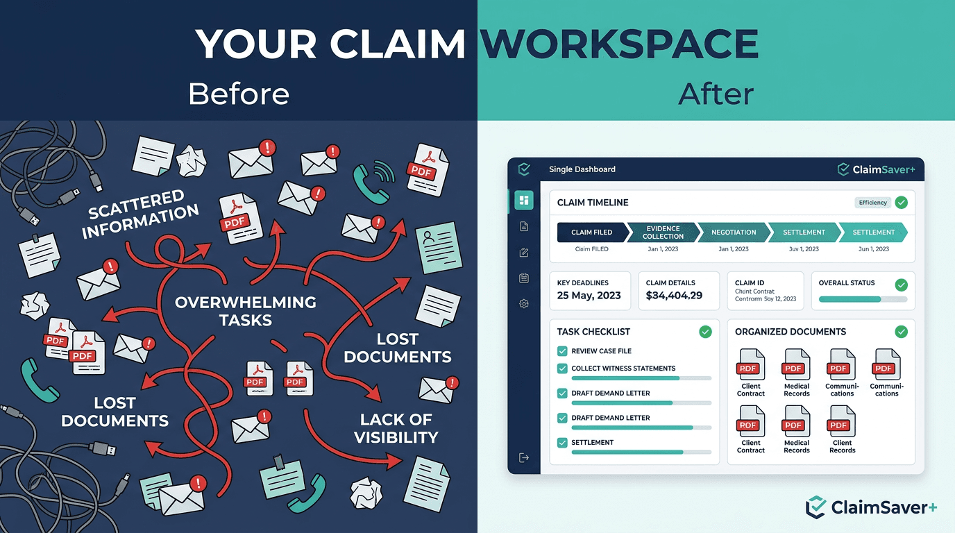 Before and after: scattered records versus an organized claim workflow